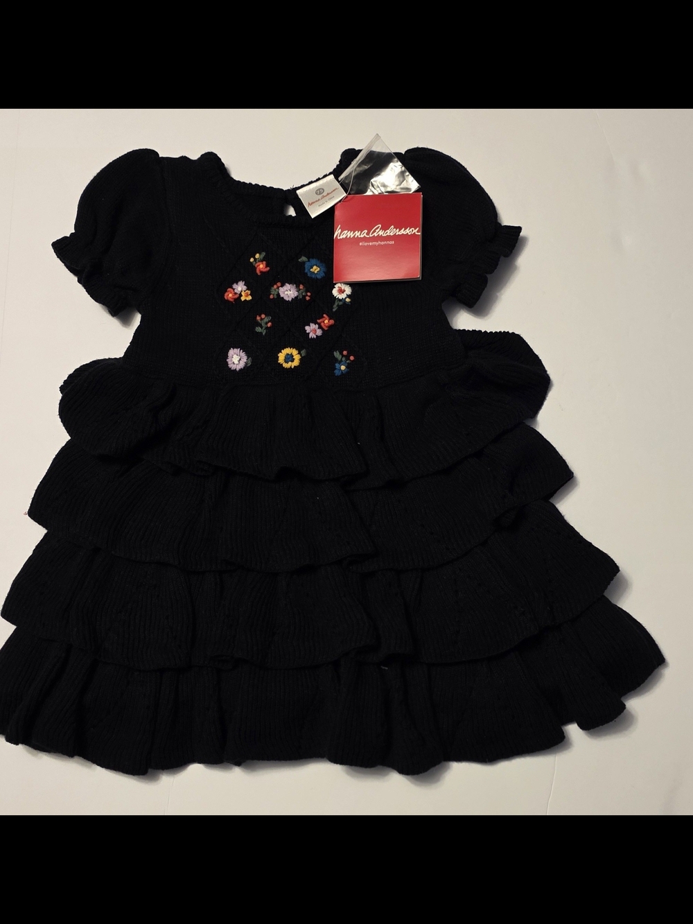 Hanna Andersson Black Knit Ruffle Dress with Multicolor Floral Embroidery